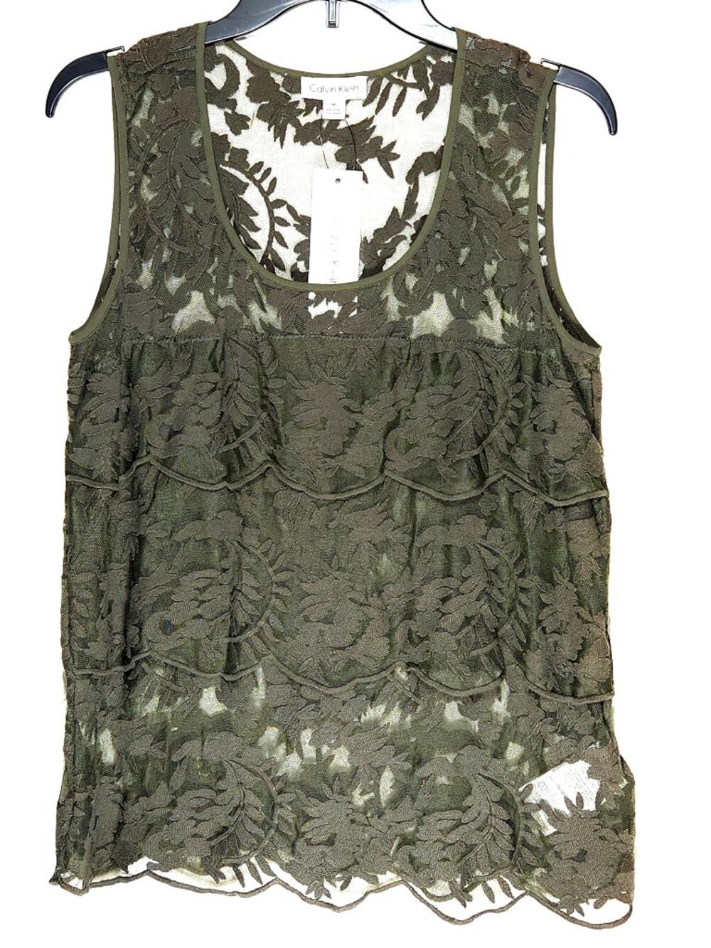 NWT Calvin Klein Olive Green Lace Tiered Ruffled Shear Tank Top, Size Medium
